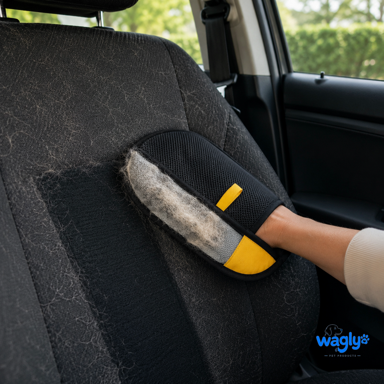 Wagly glove lifting pet hair off a fabric car seat