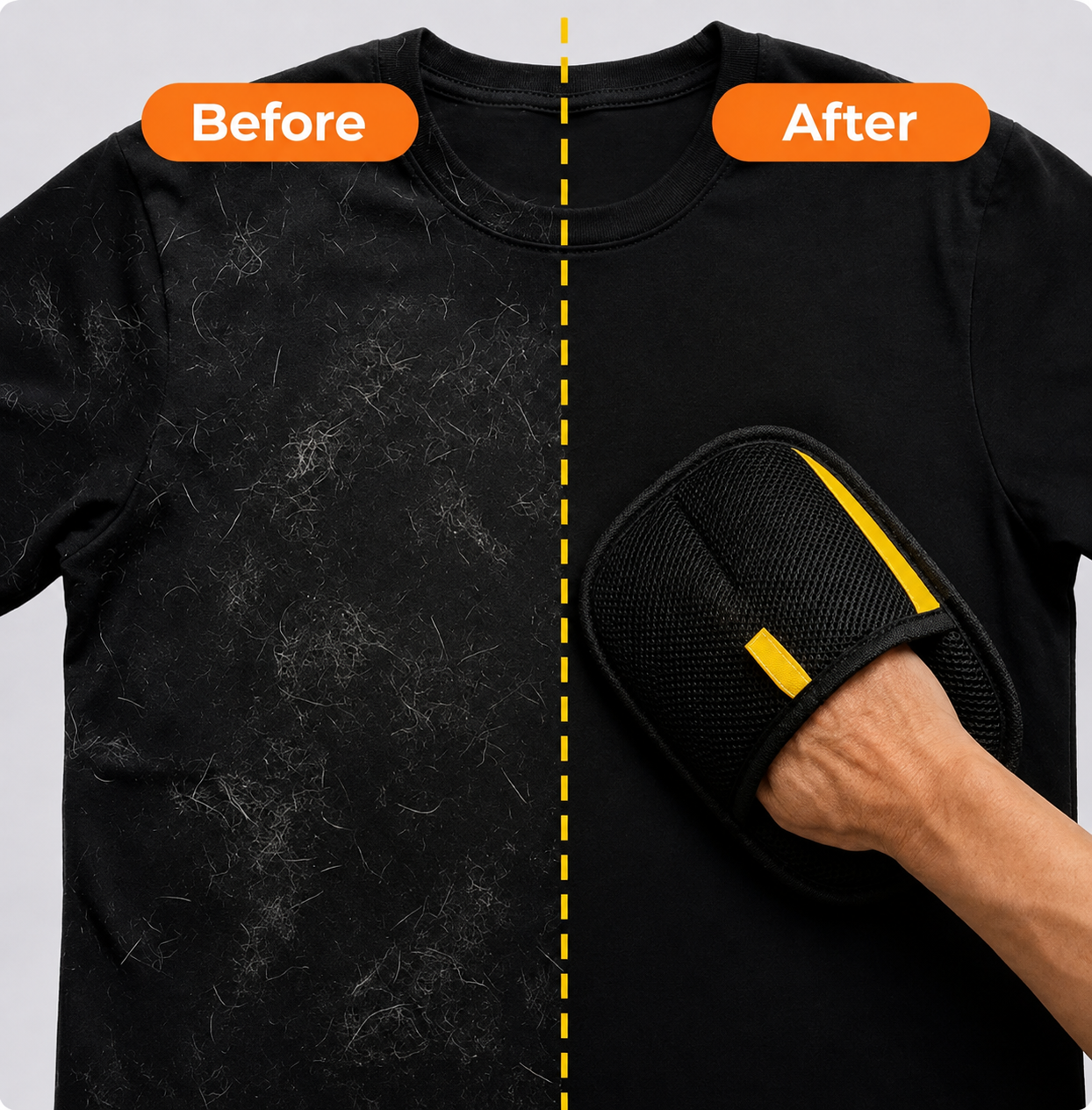 Before and after on a black t-shirt: the left half covered in pet hair, the right half wiped clean with the Wagly glove