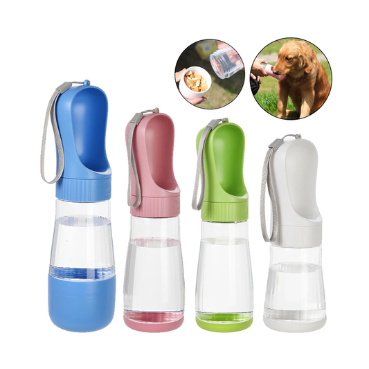 Wagly 2-in-1 travel bottle in four colours with built-in bowl and treat compartment