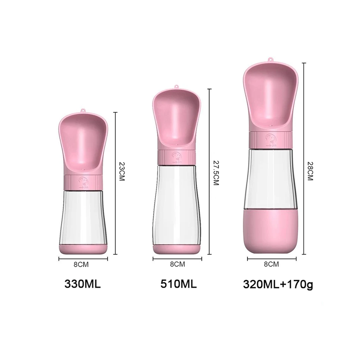 Size versions of the travel bottle: 330 ml, 510 ml, and 320 ml plus 170 g food