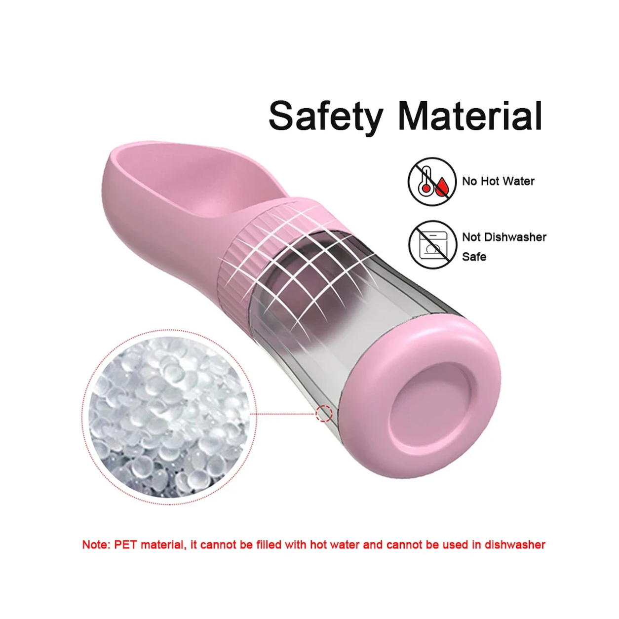 Material note: PET plastic, hand wash only, no hot water