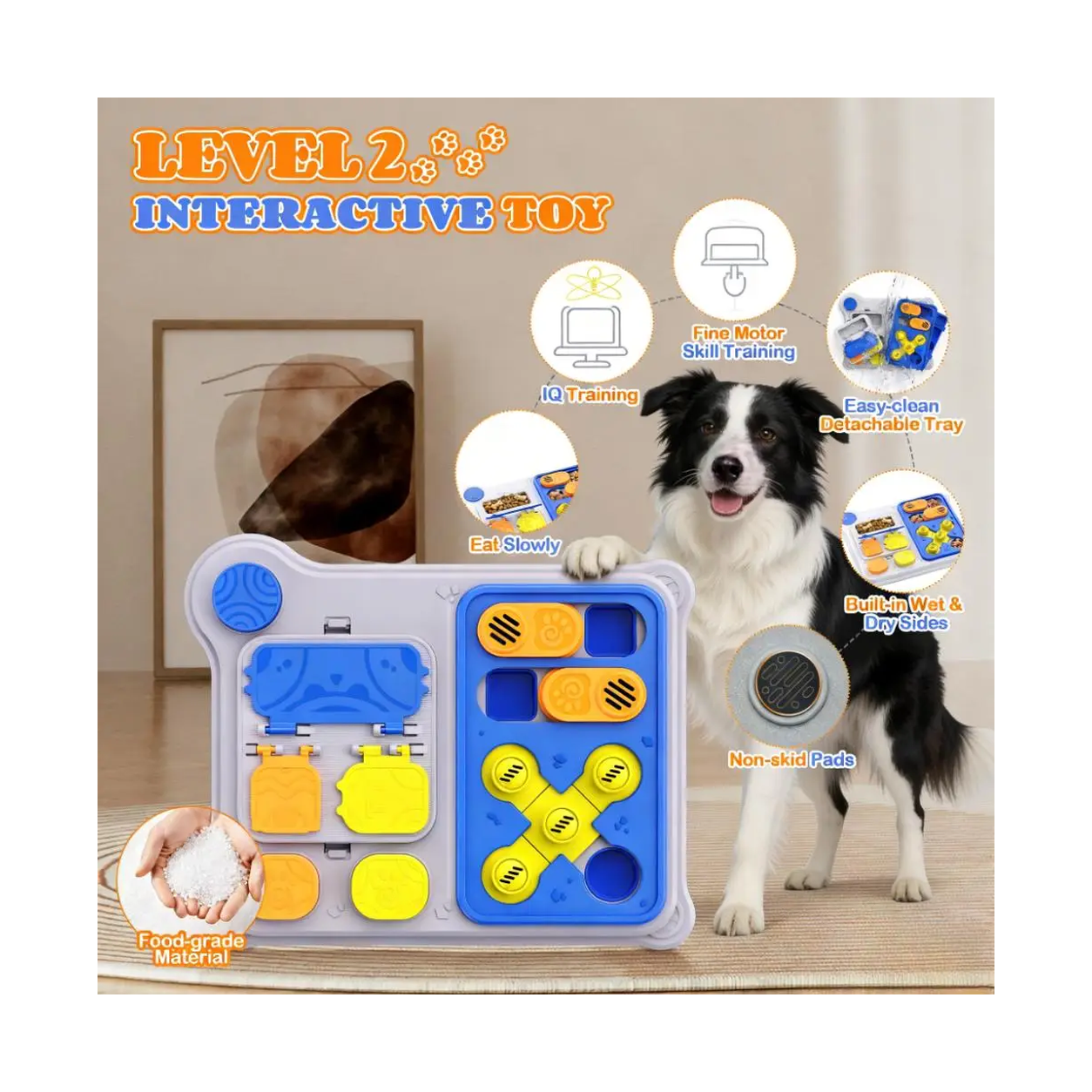 Level 2 interactive toy: IQ training, detachable tray, wet and dry sides, non-skid pads