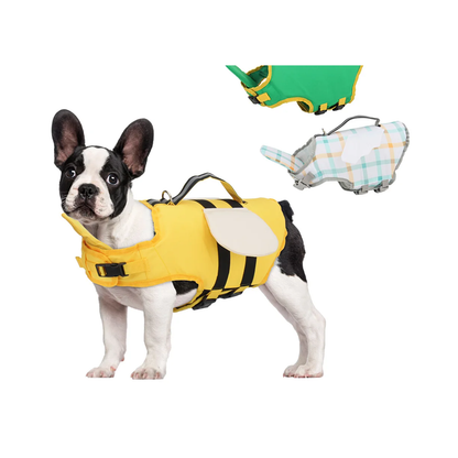 French bulldog wearing the Wagly Dog Life Jacket in Bee style, with Dino and Duck styles shown