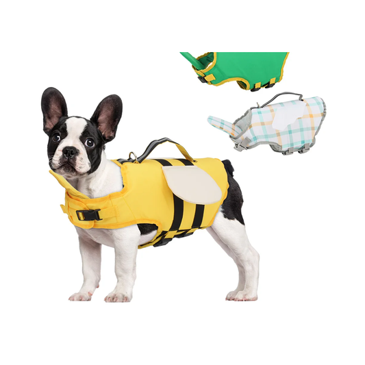 French bulldog wearing the Wagly Dog Life Jacket in Bee style, with Dino and Duck styles shown
