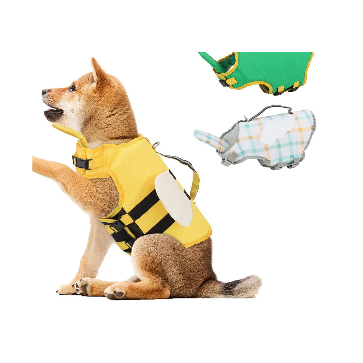 Dog wearing the Bee style Wagly Dog Life Jacket, seated side view