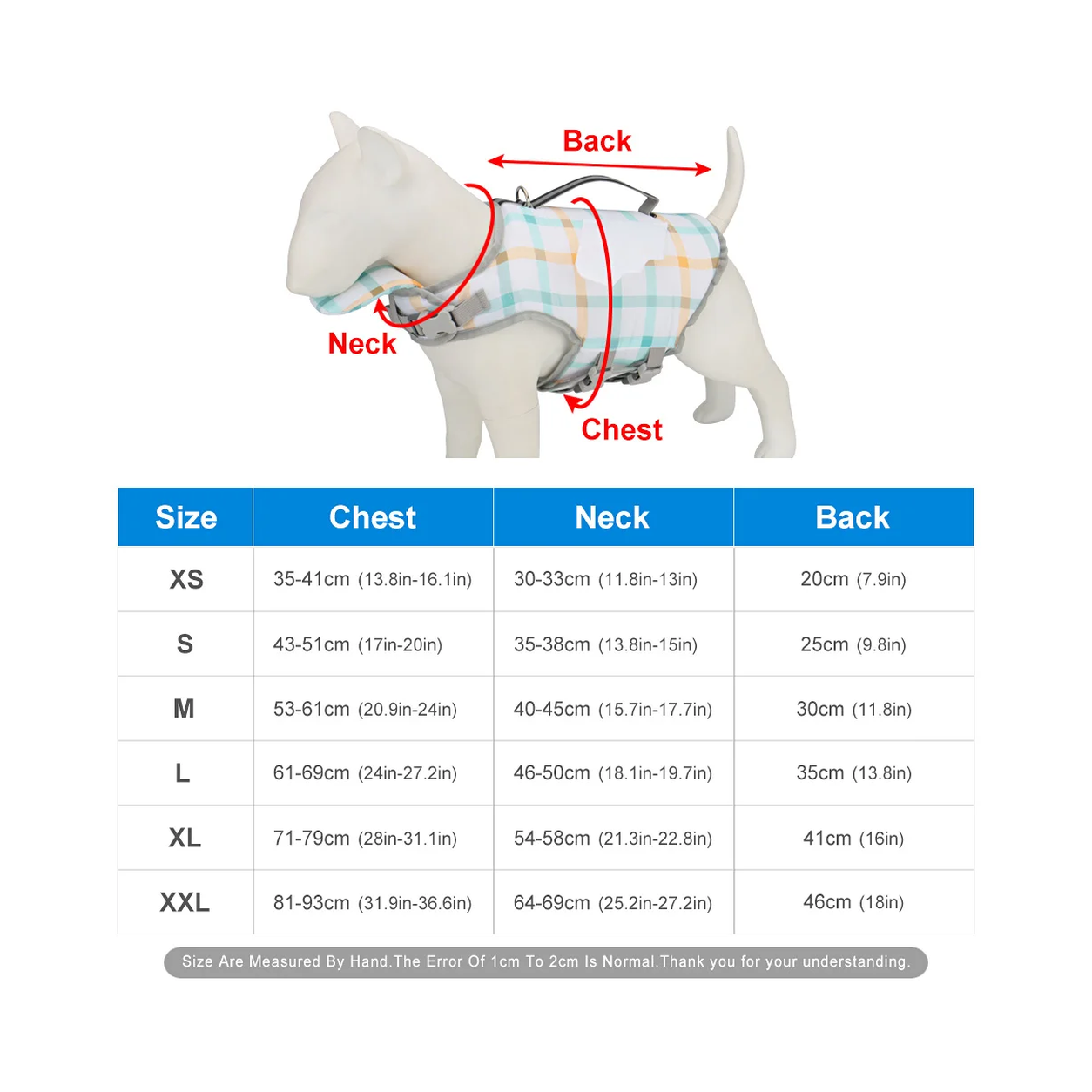 Wagly Dog Life Jacket size chart with chest, neck and back measurements