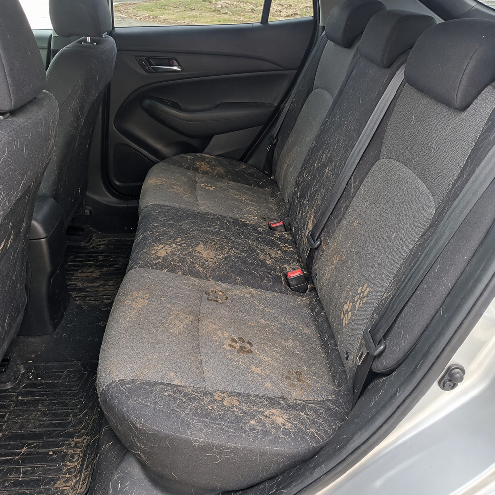 Muddy, fur-covered car back seat before the Wagly Backseat Hammock