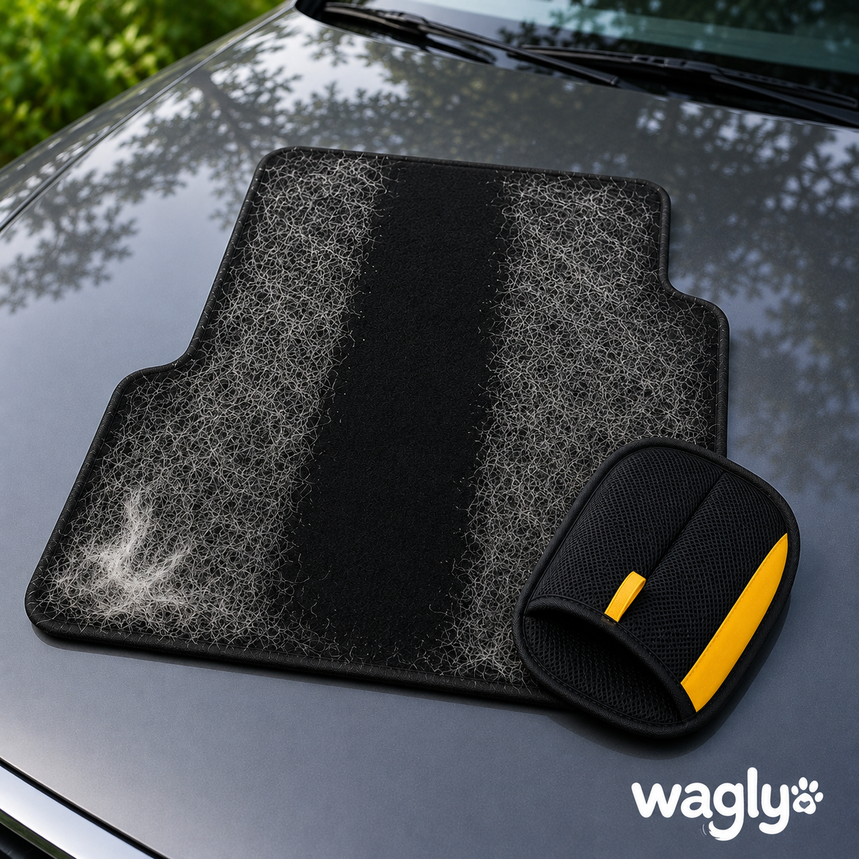 Car floor mat covered in pet hair with a clear strip lifted clean by the glove