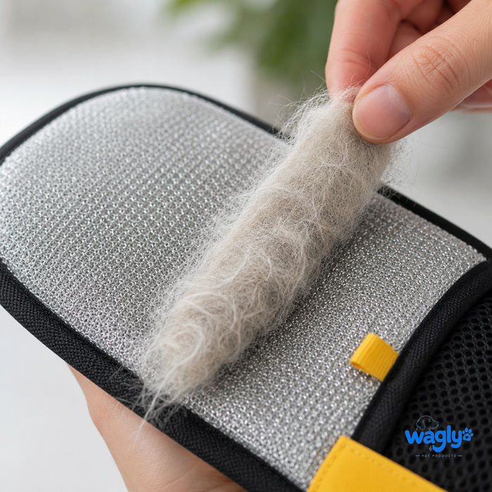 Close-up of collected pet hair peeling off the Wagly glove
