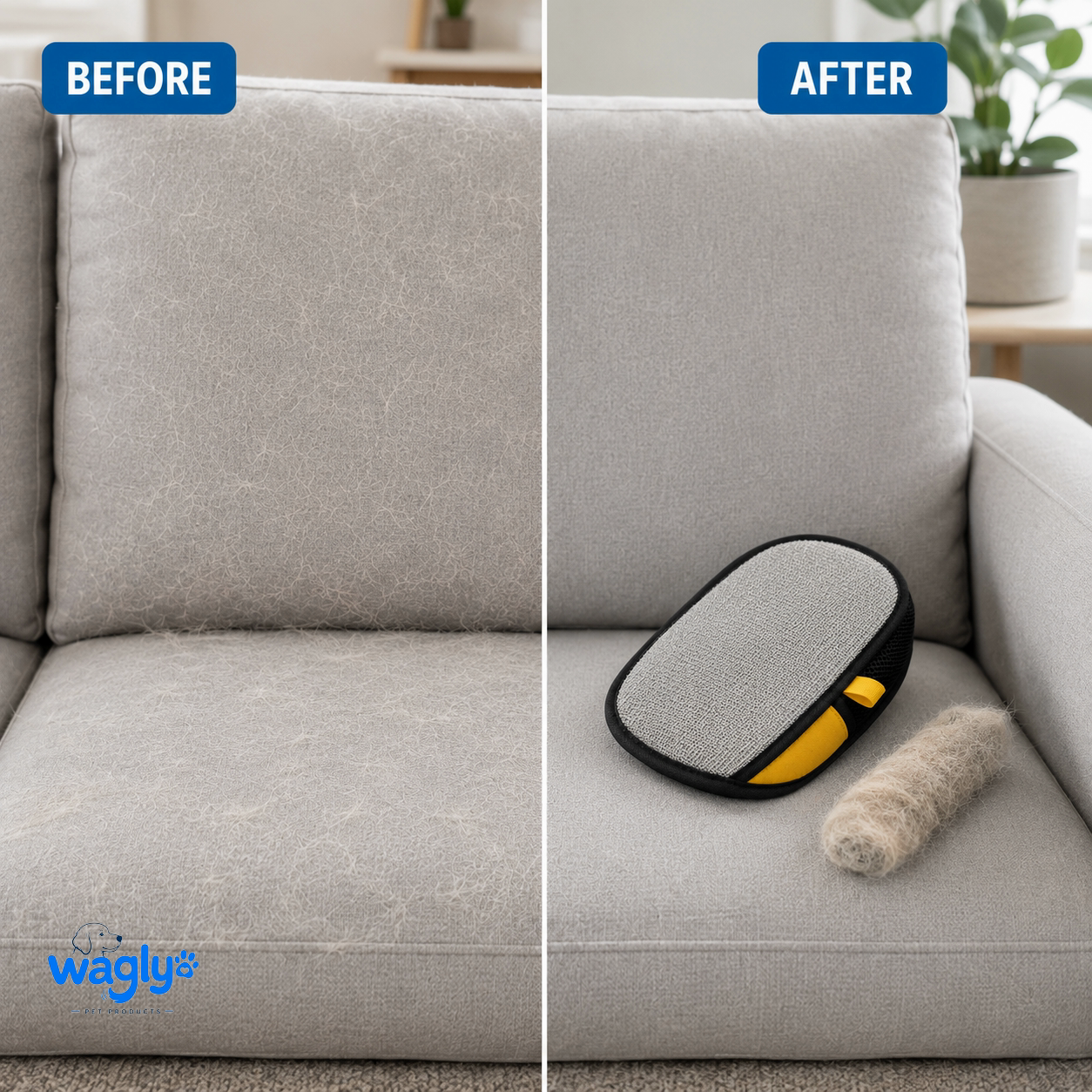 Couch covered in pet hair before, clean after the Wagly glove