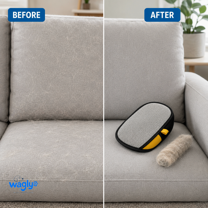 Couch covered in pet hair before, clean after the Wagly glove