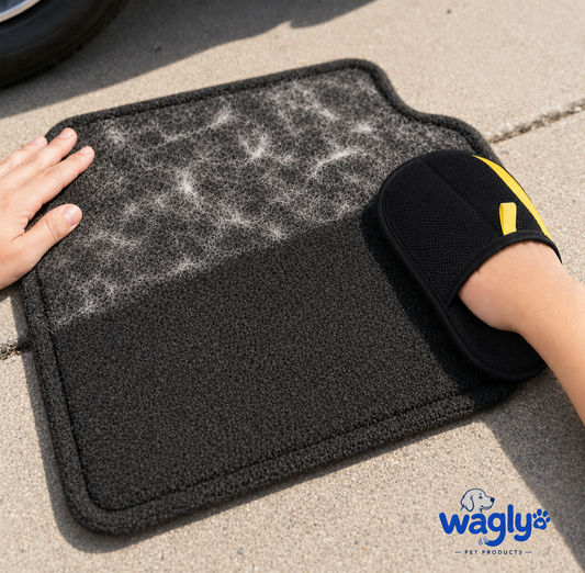Wagly glove lifting embedded pet hair from a car mat, half cleaned