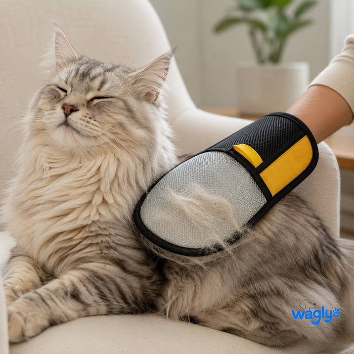 Long-haired cat groomed with the Wagly glove on an armchair