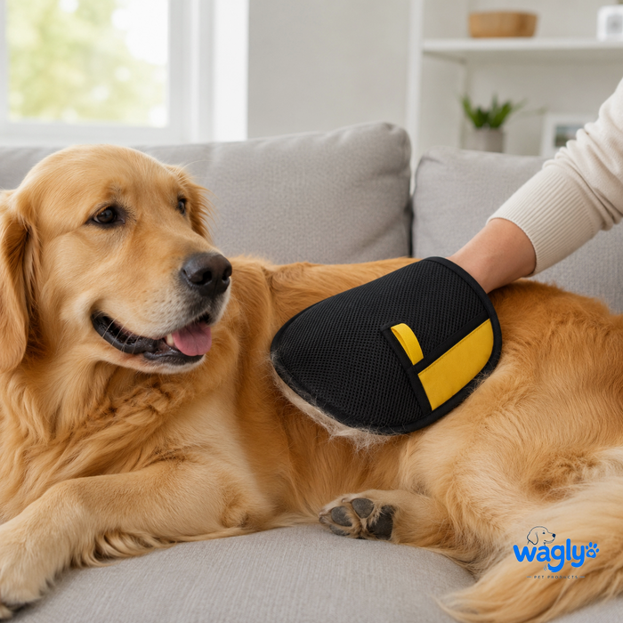 Golden retriever on a couch being groomed with the Wagly glove