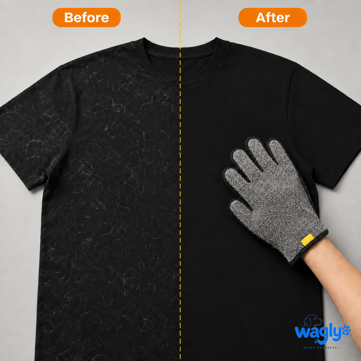 Black t-shirt covered in pet hair before, clean after using the Wagly glove