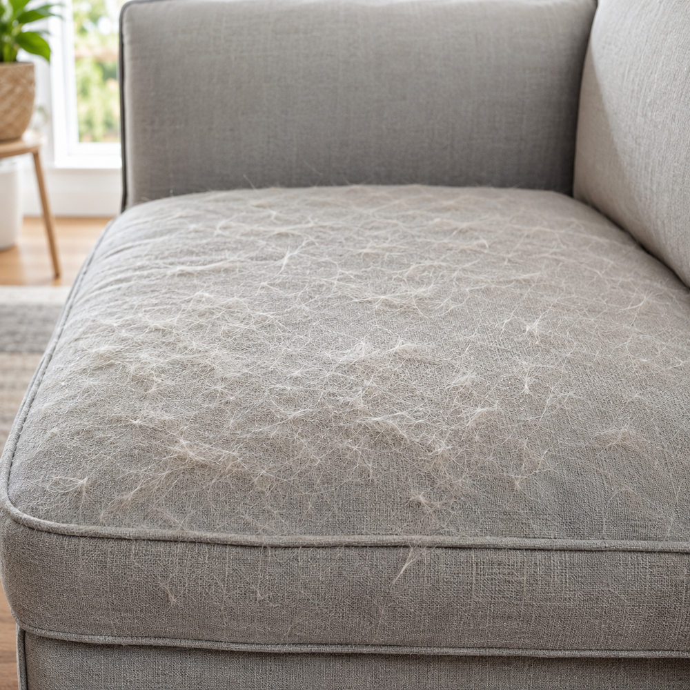 Grey sofa cushion covered in embedded dog fur, before using the Wagly glove