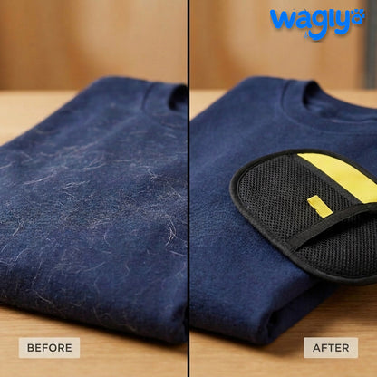 Before and after: a navy t-shirt covered in dog hair, then wiped clean with the Wagly glove