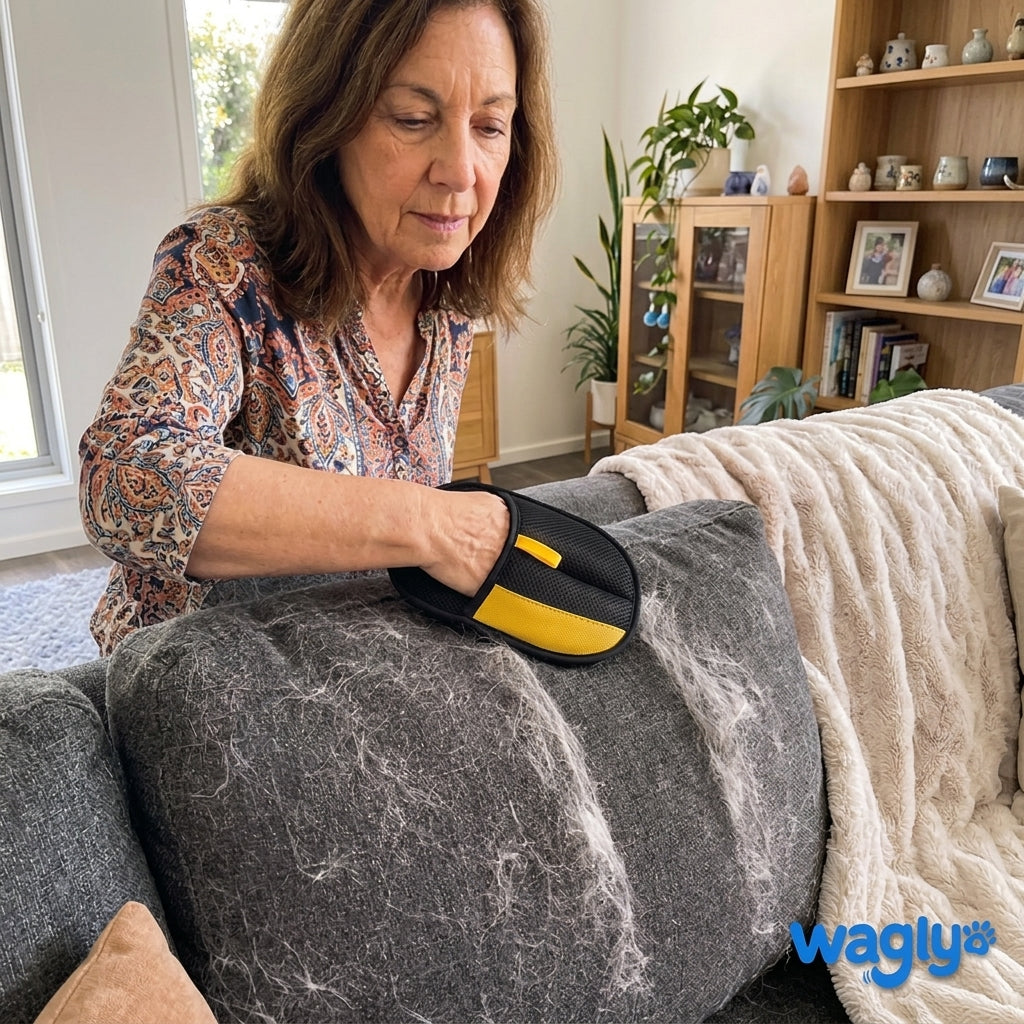 A woman running the Wagly glove over a grey couch cushion thick with pale pet hair