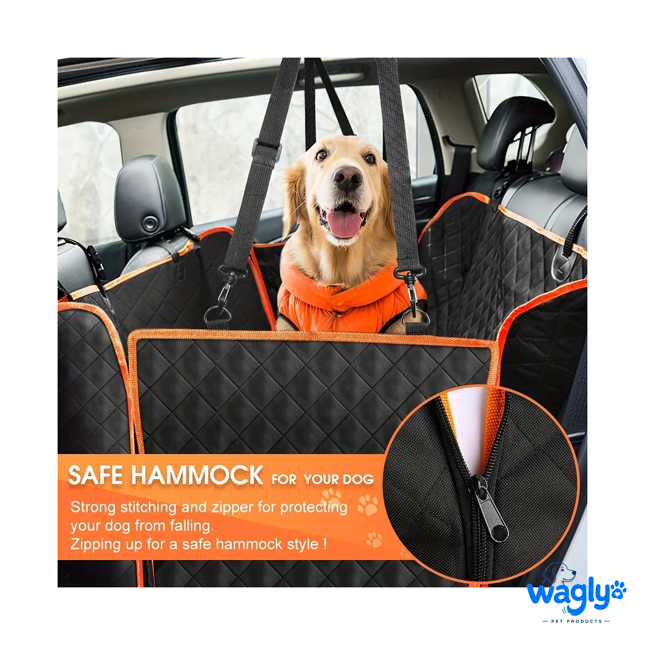 Zip-up hammock mode keeping a dog safely on the seat