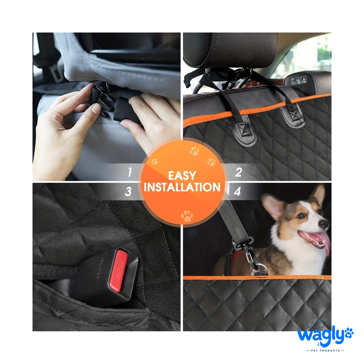 Four-step installation: clips, anchors, seat-belt openings