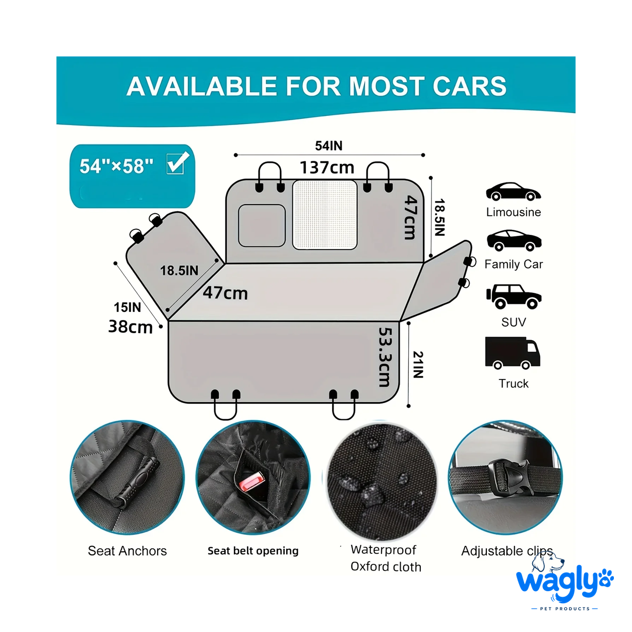 Dimensions: 54 by 58 inches, fits sedans, SUVs and trucks