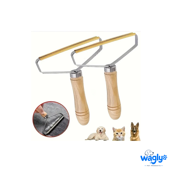 Wagly fur and lint scraper, two units with turned wood handles