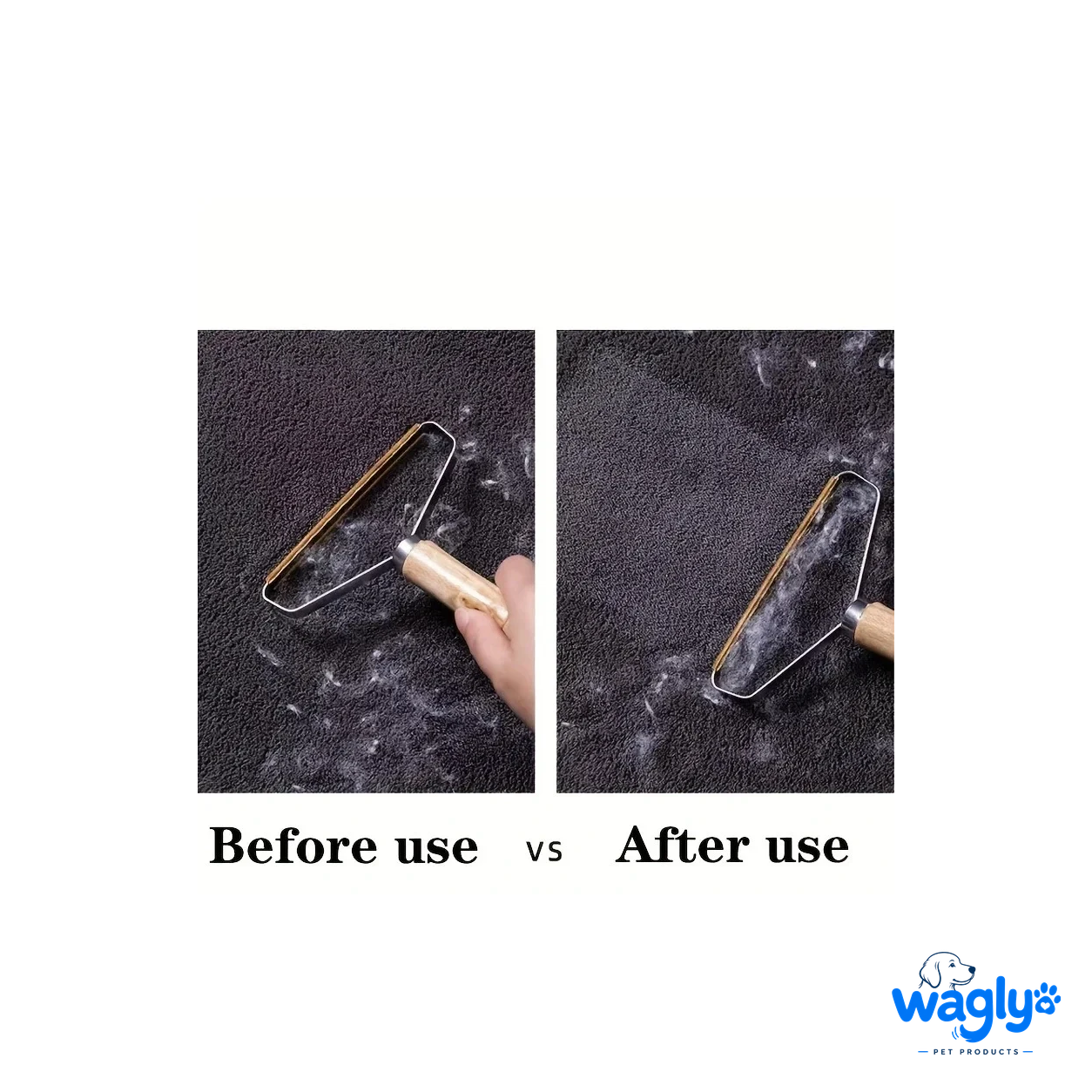 Before and after: pet hair on dark fabric, then lifted clean