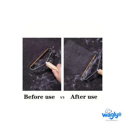 Before and after: pet hair on dark fabric, then lifted clean