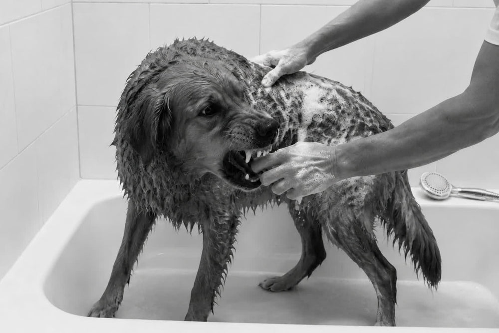 Dog twisting away while being washed directly in the bathtub, no stand
