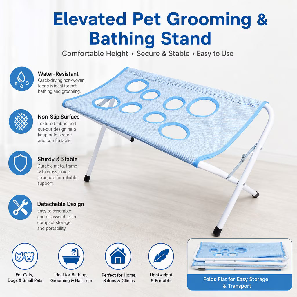 Feature overview: water-resistant mesh, non-slip surface, sturdy frame, folds flat