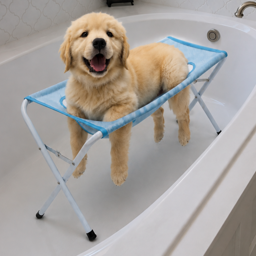 Golden retriever puppy standing on the grooming stand over a bathtub